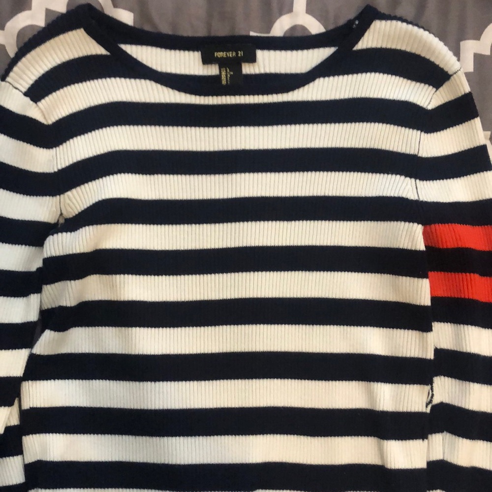 Striped blue-white long sleeve with red stripe